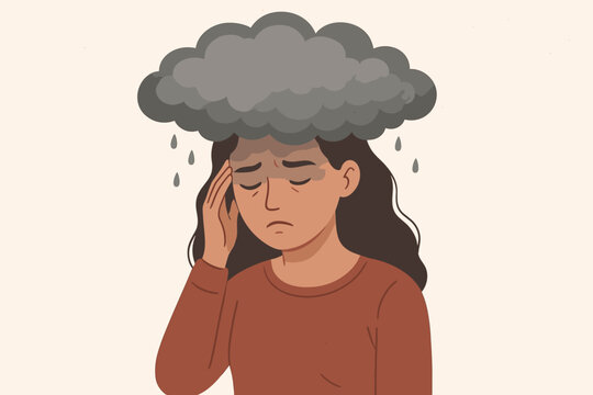 Mental health depression brain fog concept. Stressed woman with storm cloud overhead suffering anxiety burnout. Psychology wellness vector illustration