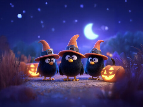Adorable illustrated Halloween wallpaper featuring cute witch crows wearing hats surrounded by glowing pumpkins under a starry night sky, perfect for festive decor and celebrations.