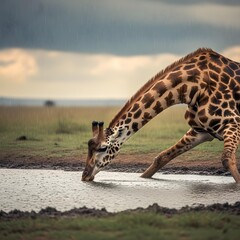 Obraz premium A Southern giraffe drinking water from a river in the African savanna at sunset, golden light, dry season, wide shot.