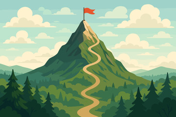 Mountain peak flag summit achievement success goal metaphor. Winding trail path journey to top. Business leadership strategy planning concept. Forest landscape clouds