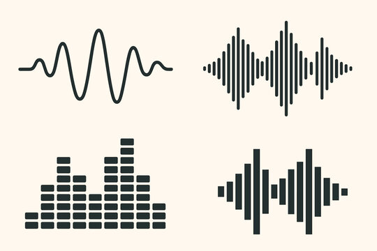 Audio waves vector collection. Set of 4 soundwave symbols. Music waveform and spectrum analyzer illustration. Voice frequency and equalizer icons for audio technology.