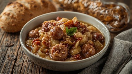 Fototapeta premium Warm plate of sausage, meat, and cabbage