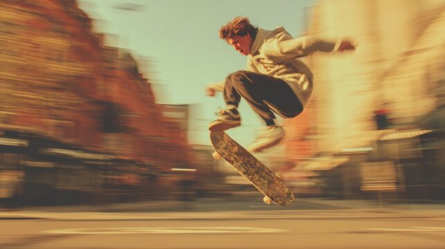 Young skateboarder doing kickflip mid-air on city street with motion blur and warm film colors. - Powered by Adobe