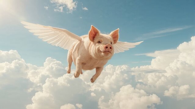 A piglet gliding through the misty clouds overhead