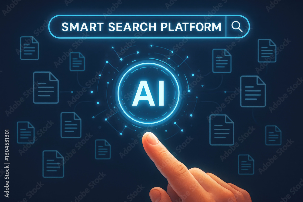 Poster digital search interface with ai symbol and document icons artificial intelligence