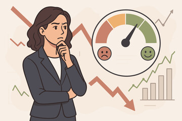 Fear and greed index concept with a pensive businesswoman analyzing stock market sentiment. Investor emotion, financial risk, and trading opportunity. Economic indicator.