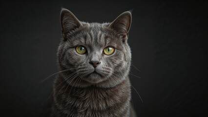 Obraz premium Portrait of a gray cat with luminous green eyes on a dimly lit background