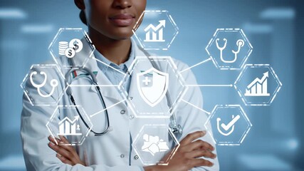 Professional Doctor In White Coat With Digital Health Icons And Blue Background - Powered by Adobe