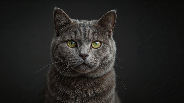 Portrait of a gray cat with luminous green eyes on a dimly lit background - Powered by Adobe