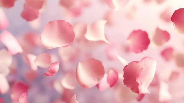 Delicate pink rose petals gracefully falling through the air, creating a dreamy atmosphere with soft pastel colors and gentle motion effects