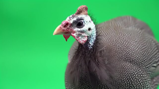 Close-up Profile of a Domestic Guinea Fowl (Numida meleagris) with Distinctive Spotted Plumage Against a Vibrant Green Studio Background