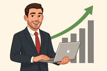 Successful professional businessman holding laptop computer smiling in front of rising chart with green arrow pointing upwards to success growth achievement corporate finance progress