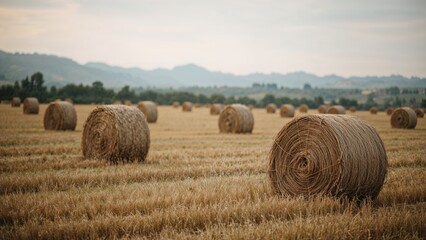 Fototapeta premium Defocused view of a rural field left with straw piles after grain collection