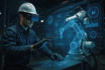 Engineer Interacting With Futuristic Robotic Arm Hologram virtual reality augmented reality