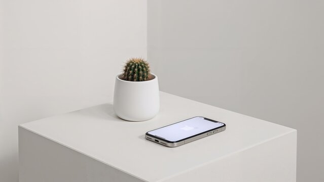 An end table with a cactus and a phone screen glowing white