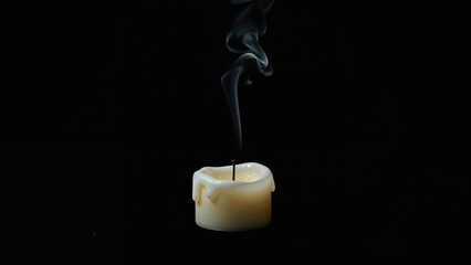 A candle that has burned out with smoke drifting upward on a black canvas, embodying the theme of completeness and totality.