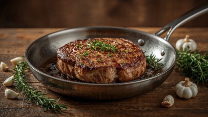 Fototapeta premium Concept of frying meat with aromatic herbs and garlic on a grill pan