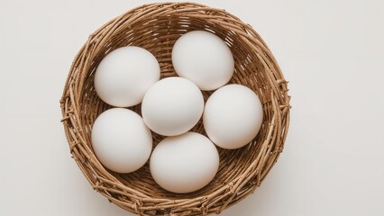 Woven basket holding several white eggs seen from a top-down perspective.