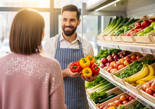 A smiling male grocery store employee hands a customer a selection of colorful bell peppers. The backdrop neatly arranged fruits and vegetables on shelves.