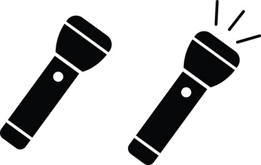 Hand torch flashlight set, black vector collection of electric lantern group in flat style, portable light, battery lamp, emergency beam outline, glowing tool icon bundle