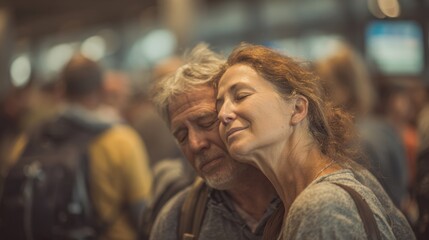 Obraz premium Mature couple hugging at airport arrivals with eyes closed and blurred people in background.