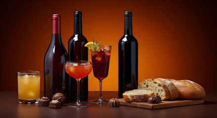 Naklejka premium Still life arrangement of various alcoholic beverages, including wine bottles, cocktails, and bread, on a wooden surface.