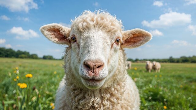 Close-up view of a charming sheep staring directly at the camera
