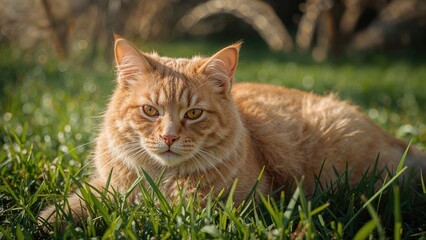 A close-up of an orange feline resting on the floor.