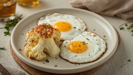 Savory Morning Dish of Fried Eggs with Cauliflower. High Definition Image