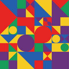 vibrant geometric pattern features an abstract arrangement of colorful squares, triangles, and circles in a bold, modern, and playful style.