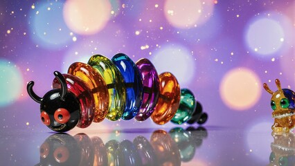 A colorful glass caterpillar toy made of translucent segments in rainbow colors placed on a glossy. 3d Illustration
