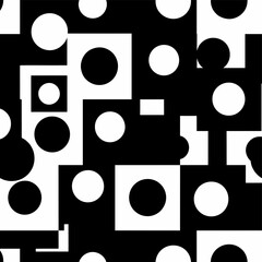 striking black and white geometric pattern features an abstract arrangement of squares and circles, creating a modern and graphic optical art effect.