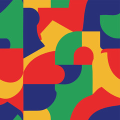 abstract, geometric pattern features organic shapes in a vibrant primary color palette of red, blue, green, and yellow, creating a modern and dynamic background.