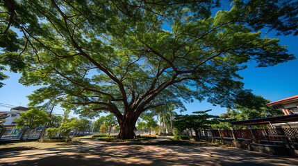Fototapeta premium Wide monkey pod tree with sprawling branches and blue sky 