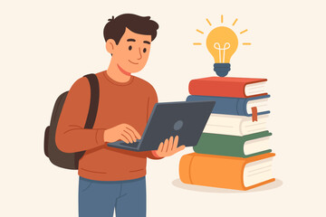 Student with laptop and books. Concept for education, e-learning, and knowledge. Man studying online course for self development and getting new ideas. Vector cartoon illustration.