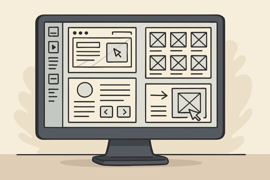 UI/UX design concept. Computer screen showing prototype software with wireframes and layouts. Web application development process. User interface and experience design work.