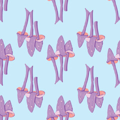 Whimsical Forest Seamless Vector Pattern with Mushrooms, Leaves and Woodland Animals