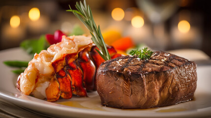 Filet mignon and lobster tail plated with garnish
