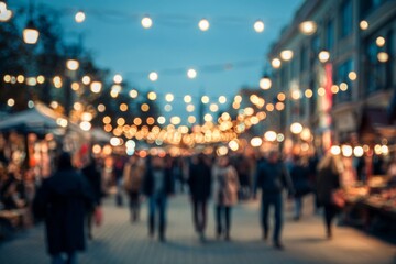 Fototapeta premium Soft Focus of Evening Street Scene with Blurred People and Warm Decorative Lights Creating a Vibrant Atmosphere in an Urban Setting