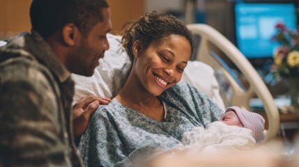 Woman sitting on hospital bed holding newborn baby with partner gently touching her shoulder