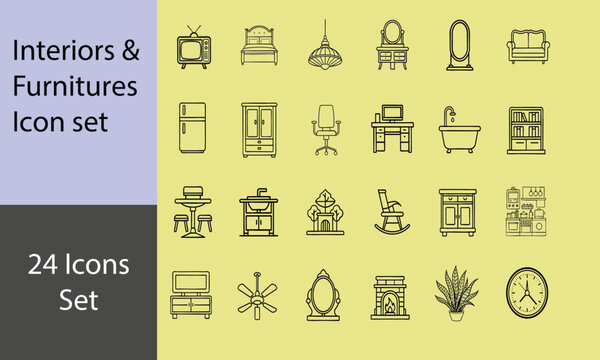 24 Set of icon based on interior and furniture for modern lifestyle considering aesthetic look of a home.  