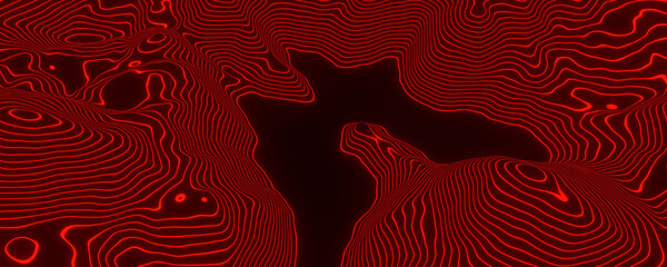 Black and red mountain contour lines. Abstract terrain