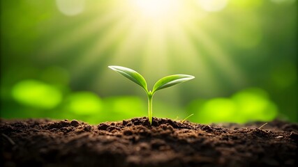 Fototapeta premium Young Green Plant Sprout Growing In Fertile Soil Under Bright Sunlight Representing Nature Growth Sustainability And New Life Concept
