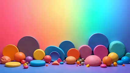 A playful arrangement of colorful geometric shapes and spheres against a vibrant rainbow gradient background abstract art