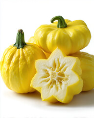 Yellow pattypan squash whole and star-shaped cross-section on white background
