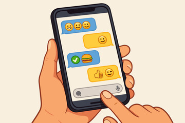 Hand holding smartphone with text messaging chat app. Screen shows conversation with emoji, speech bubbles. Concept for communication, social media, mobile technology vector.