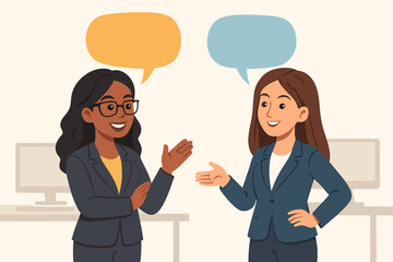 Two diverse businesswomen having a conversation. Female colleagues talking at work. Office communication, teamwork vector concept with speech bubbles for text.