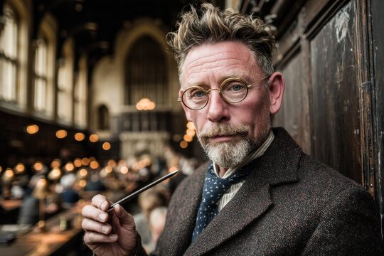 A distinguished man in vintage attire in a grand, historic library hall