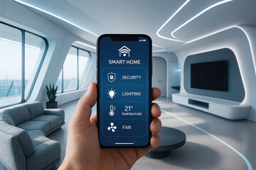 Hand holding smart home phone controlling modern interior smartphone smart home app