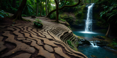A scenic view of a waterfall cascading into a pool surrounded by lush green forest and layered rock formations
